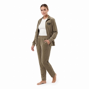 Ensemble de survêtement en velours pour femme, coupe classique, deux pièces, veste zippée et pantalon assorti, tenue décontractée, vente en gros personnalisée - Product Image 4