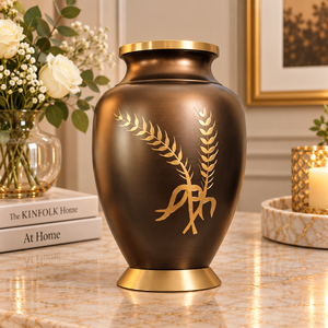 Urna Metálica Única con Diseño de Enredadera Botánica, Acabado Azul Marino y Dorado, Florero Decorativo Conmemorativo con Tapa - Product Image 3