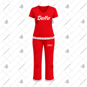 Vente en gros de Delta grec |   Sigma |   Ensemble de pyjama 2 pièces pour femme Theta Sorority, motif à pois, avec bordure en dentelle, ensemble de vêtements de nuit et de détente - Product Image 2