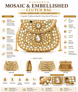 Gold Fashion Chains Mosaic Embellished <b>Clutch</b> Bag Pearl Mirror Work Bridal Evening Handbag Designer <b>Wedding</b> Party Purse - Product Image 6