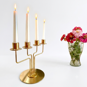 Architectural Brass Staggered Tier 4 <b>Light</b> Candelabra Right Angle <b>Branching</b> Metal Taper Holder with Disc Base - Product Image 1