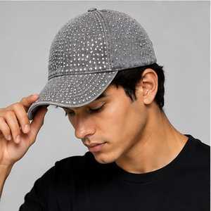Casquette unisexe grise en toile de coton respirante et imperméable, à 6 panneaux, avec strass, réglable et à fermeture snapback, pour le sport et les loisirs - Product Image 5