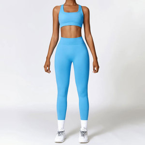 Women's Strapless Solid Blue Mid Waist Flared Leg Pants Yoga Set with <b>Crystal</b> Side Stripe Seamless Activewear Workout Outfit - Product Image 1