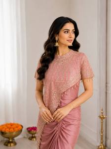 Conjunto de Blusa de Seda Crepé Tradicional Bordada con Lentejuelas Rosas y Saree Fruncido para Bodas, Graduaciones y Fiestas para Mujeres - Product Image 6