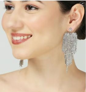 JOMTY 1 Pair Feminine Tassel Earrings Long Exaggerated Large Fashion Drop Design Crystal Rhinestone Copper Alloy Geometric - Product Image 6