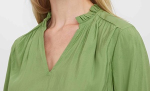 Blusa Casual de Verano para Mujer, Tejida, Verde Sólido, Cuello Camisero, Mangas Largas Abullonadas, Transpirable, Ecológica, Antiarrugas - Product Image 2