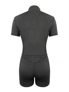 Ensemble de sport 2 pièces sans couture en maille tricotée pour femme, couleur unie, moulant, manches courtes, col en V, fermeture éclair sur le devant, coupe ajustée, écologique - Product Image 5