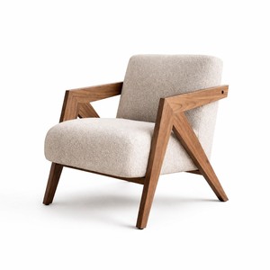 Fauteuil en bois moderne avec structure géométrique et revêtement beige, chaise de salon style mid-century, pieds en bois massif - Product Image 2