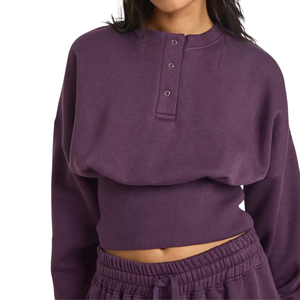 Ensemble de survêtement décontracté deux pièces pour femme, coupe courte, avec fermeture à boutons, en molleton, col rond, taille élastique, jambe large, tenue de sport décontractée - Product Image 5