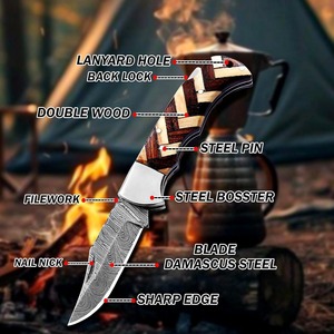 Cuchillo Plegable de Damasco Hecho a Mano de Grado Industrial con Funda de Cuero, Cuchillo de Bolsillo OEM de Acero de Damasco con Mango de Madera para Camping y Actividades al Aire Libre - Product Image 3