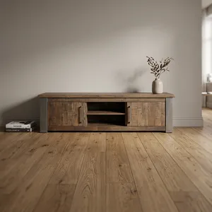 Mueble de TV de Madera Maciza Industrial, Consola Multimedia de 2 Puertas, Estructura de Metal Rústico, Mueble de Televisión para Sala de Estar - Product Image 3