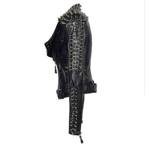 <b>Women's</b> <b>Black</b> Lamb Fur Breathable Motorcycle Jacket Cotton Lined Studded Rivet Zip up Biker <b>Coat</b> Spring Autumn - Product Image 3