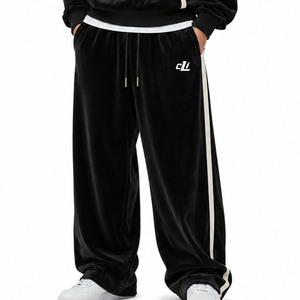 Hot Selling Men's Blank <b>Velour</b> Oversized Boxy Pullover Hoodies Wide Leg <b>Joggers</b> Custom Contrast Stripe Autumn Velvet Sweat Sets - Product Image 5