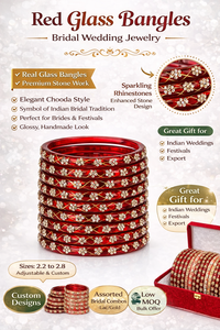 <b>Red</b> Glass Bangles with Stone Work Bridal Bangle Set Indian Wedding Chooda Style Rhinestone Stackable Jewelry - Product Image 6