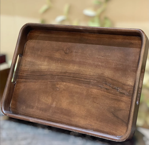 Plateau de service rectangulaire en bois artisanal Tayyab avec poignées métalliques, design géométrique minimaliste multifonctionnel, plateau décoratif - Product Image 4