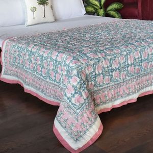 Couette classique réversible en coton imprimé à la main avec motif floral, taille double, rose, en coton, pour toutes les saisons, décoration intérieure à prix de gros - Product Image 4