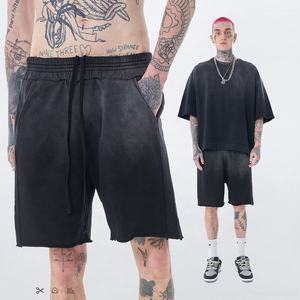 Short de survêtement athlétique respirant en éponge française 100% pour homme-Motif solide personnalisé délavé à l'acide Style High Street Puff - Product Image 2