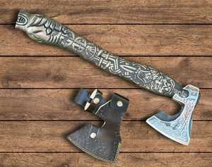 Hacha Vikinga Grabada a Mano de Acero con Alto Contenido de Carbono, con Funda de Cuero Fino, para Campismo y Caza al Aire Libre - Product Image 5