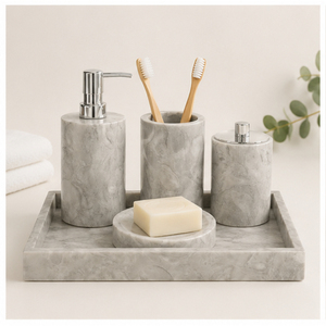 Ensemble d'accessoires de salle de bain vintage élégants en marbre gris, 5 pièces : distributeur de savon, porte-brosse à dents et plateau pour une décoration moderne de la maison - Product Image 6