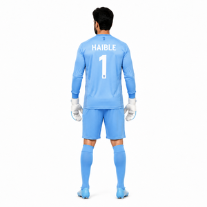 เสื้อผู้รักษาประตูแขนยาวสีฟ้าสำหรับผู้ชาย 140GSM โพลีเอสเตอร์รีไซเคิล ชุดฟุตบอล OEM - Product Image 2