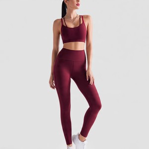 Conjunto de Yoga de 2 Piezas sin Costuras, Top Corto y Leggings Largos de Cintura Alta, Color Sólido, Espalda Cruzada, Ropa Deportiva sin Mangas - Product Image 6