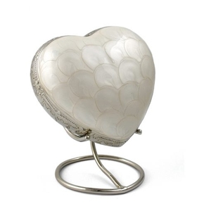 Heart Shaped Aluminium Urn Engraved Silver Trim White Enamel <b>Ashes</b> Token <b>Keepsake</b> Funeral Supplies - Product Image 1