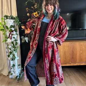 Kimono Largo con Estampado Floral para Mujer, Manga Larga, Suave, para Invierno, Estilo Casual, 100% Algodón, Cierre con Cordón, Transpirable - Product Image 1