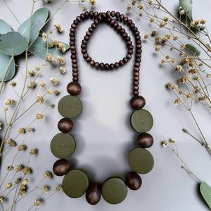 Wooden <b>Beaded</b> <b>Necklace</b> With Olive <b>Green</b> Discs And Brown Balls For Prayer Buddhism Style Unisex Jewelry - Product Image 2