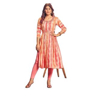 Latest Heavy Rayon FOIL Prints Naira <b>Suit</b> Belt and Neck Embroidered Work Kurtis Collection - Product Image 2