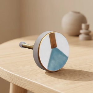 Bouton de tiroir rond en céramique, design industriel, blanc, bleu, bord doré, installation facile, pour armoire, meuble, maison, bureau - Product Image 1
