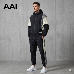Conjunto de Sudadera con Capucha y Pantalones Jogger de Poliéster Tejido para Hombre, Impermeable, con Bloques de Color Personalizados, Cremallera Completa, Ajuste Relajado, MOQ Bajo, Otoño - Product Image 1