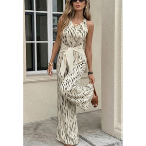 Mono de Pierna Ancha con Estampado Abstracto, Mono sin Mangas con Rayas Shibori y Lazo en la Cintura, Mono Culotte Bohemio con Estampado Vertical - Product Image 2