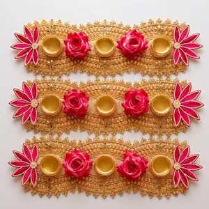 Support de bougie ovale doré avec roses roses et broderie florale pour la décoration de mariage et de la maison - Product Image 6