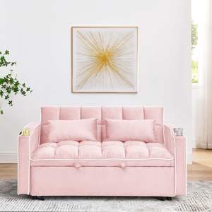 Divano Letto Pieghevole in Velluto Rosa da 141,5 cm, Moderno con Schienale Regolabile a 3 Posizioni, Porta USB, Posacenere, Supporto Girevole per Telefono - Product Image 2