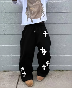 Pantalon large noir pour homme avec imprimé croix blanche, style streetwear hip-hop, décontracté et ample, pour le jogging, mode gothique - Product Image 1