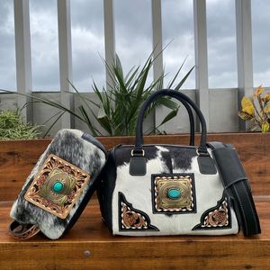 Conjunto combinado de 2 piezas de cuero de vaca portátil Unisex, Mini bolsa de lona y neceser con cuero mecanizado a mano, bolsa de viaje para equipaje con piedra turquesa - Product Image 4