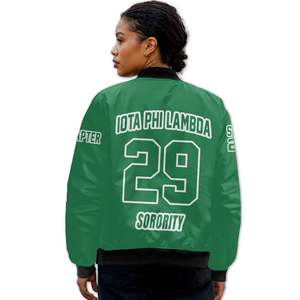 Veste universitaire personnalisée pour femmes Iota Phi Lambda, vert émeraude, avec emblème grec sur le devant et le dos, numéro d'année, fermeture éclair, style bomber - Product Image 2