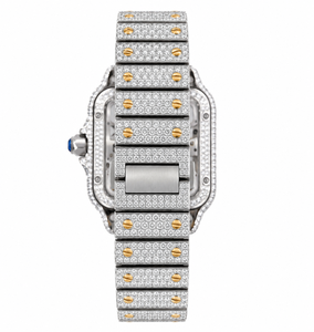 Montre analogique de luxe unisexe Hip Hop à quartz classique, entièrement sertie de moissanite VVS, avec boîtier carré bicolore or et argent et fermoir à vis, 3 ATM - Product Image 2