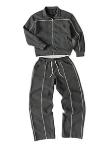 Ensemble de survêtement unisexe noir avec veste zippée intégrale et poches latérales, et pantalon à cordon de serrage, respirant, décontracté, pour l'automne - Product Image 3