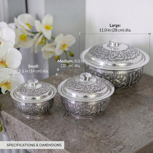 3 Pcs Arabic Calligraphy Metal <b>Serving</b> Bowl <b>Set</b> Luxury Engraved & Hammered Chafing <b>Dish</b> Food Server For Ramadan Eid Tableware - Product Image 3