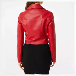 Veste moto en cuir PU rouge pour femme, manches longues, fermeture éclair, col rabattu, longueur courte, style automne - Product Image 2