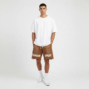 กางเกงขาสั้นผู้ชายผ้าฝ้ายสำหรับฤดูร้อน ทรงหนา สไตล์เรโทร ล้างสีแบบวินเทจ เอวสองชั้น ลายพ่นสีรุ้ง สไตล์ลำลองแนวสตรีท - Product Image 2