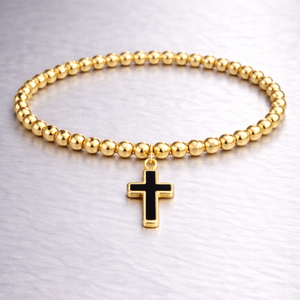 Bracelet extensible personnalisé avec pendentif croix en métal et perles, souvenir religieux pour moi. - Product Image 1