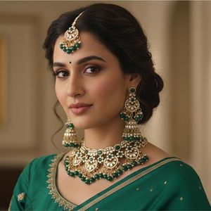 Ensemble de collier vintage plaqué or avec cristal vert et perles d'imitation, design floral pour femmes, bijoux de mariage - Product Image 2