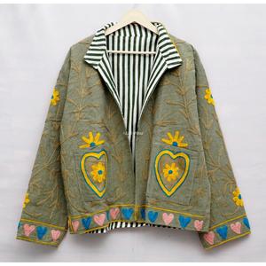 <b>Women</b> Embroidered Floral Hearts Mandarin Collar Long Sleeve Breathable Varsity <b>Jacket</b> Knitted Woven 100% Cotton - Product Image 2