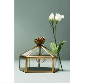 <b>Vintage</b> Luxury Hexagon Glass Jewelry Box with Gold Rose Handle & Brass <b>Frame</b> PN ARTWARE - Product Image 1