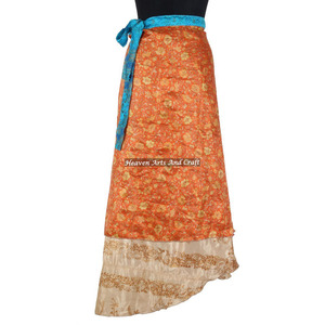 Ladies Summer Bohemian Multi-Layer Below the Knee Indian Silk Sari <b>Wrap</b> <b>Skirt</b> Knee Maxi Length Plus Size Manufacturer Wholesaler - Product Image 6