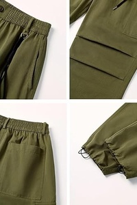 Pantalon cargo vert olive pour homme, taille élastique avec cordon de serrage, plusieurs poches, coupe décontractée ample, en toile mi-lourde, idéal pour l'automne - Product Image 3