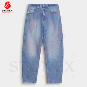 Jean en denim décontracté bleu clair pour homme, coupe droite, délavé, style vintage, en coton, vente en gros personnalisée - Product Image 4