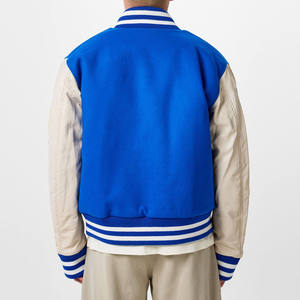 Men Blue Varsity <b>Jacket</b> With Cream Sleeves Regular Fit Turn-Down Collar Single Breasted Button Closure Solid Color Casual Style - Product Image 2